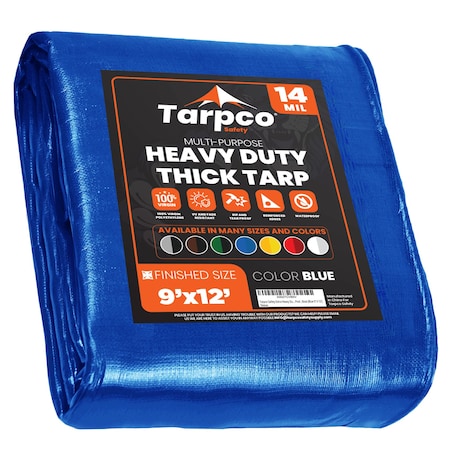 Tarpco Safety Heavy Duty Tarp, 12 ft L x 0.5 mm H x 9 ft W, 14 Mil, Blue, Polyethylene TS-105-9X12